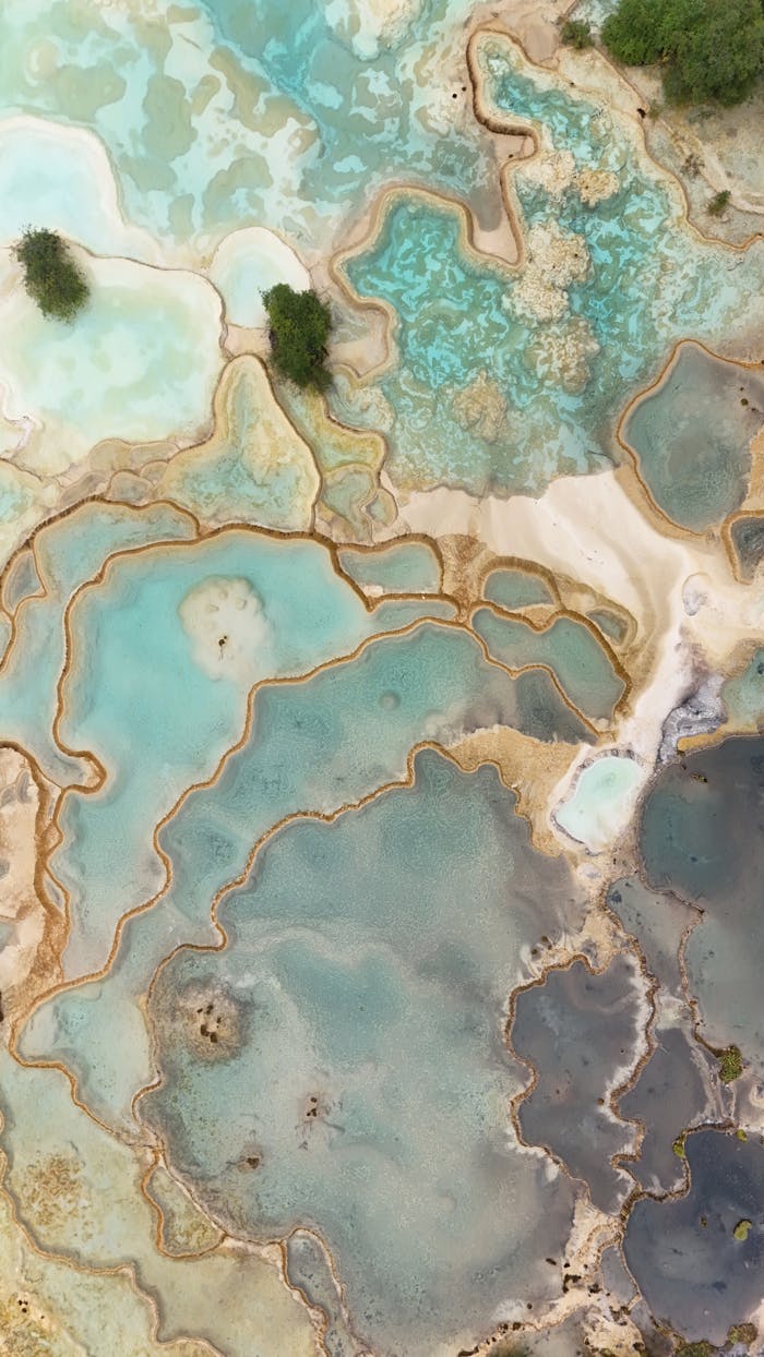 Drone shot capturing vibrant geothermal pools with swirling colors and textures.