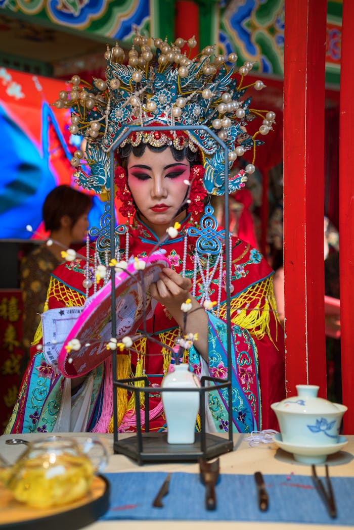 Colorful Sichuan opera performer preparing tea in Chengdu, showcasing traditional Chinese culture.